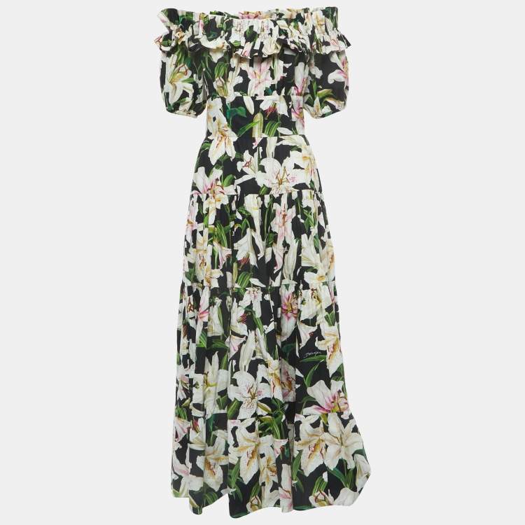 Dolce & Gabbana Black Floral Cotton Off Shoulder Maxi Dress M Dolce ...