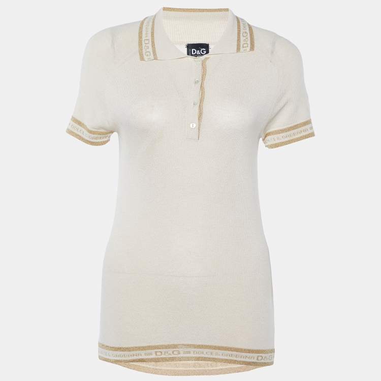 Pre Owned Dolce & Gabbana Beige Knit Logo Detail Polo T-shirt L