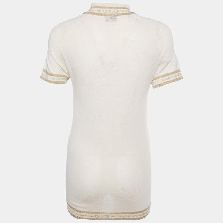 Pre Owned Dolce & Gabbana Beige Knit Logo Detail Polo T-shirt L
