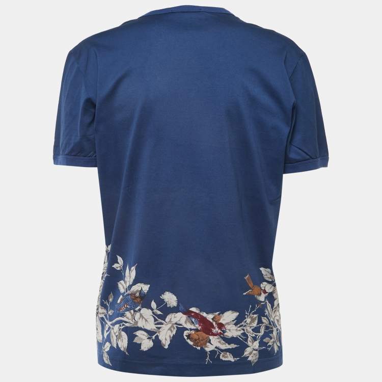 Pre Owned Dolce & Gabbana Navy Blue Birds Print Cotton V Neck Half Sleeve T-Shirt L