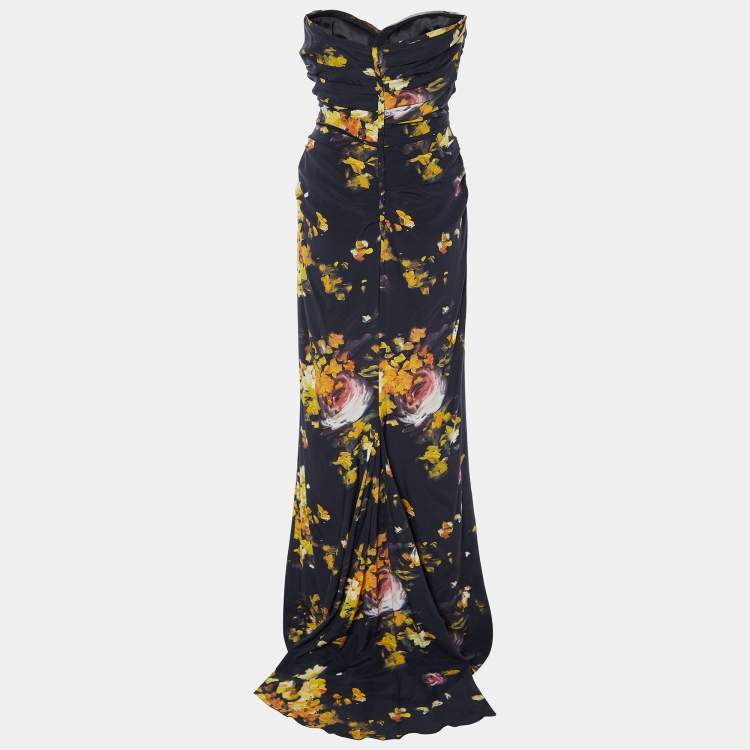 Pre Owned Dolce & Gabbana Black Floral Printed Silk Draped Strapless Gown M