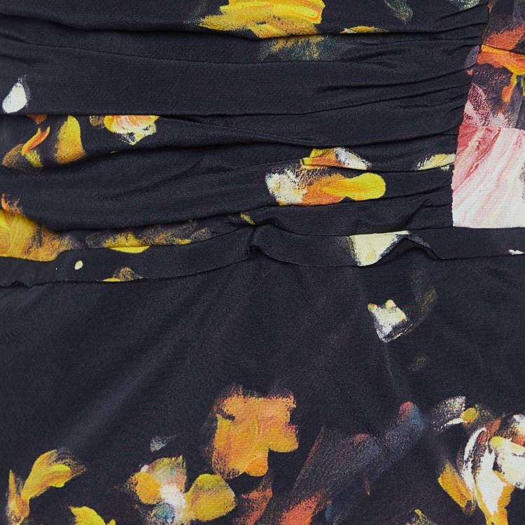 Pre Owned Dolce & Gabbana Black Floral Printed Silk Draped Strapless Gown M