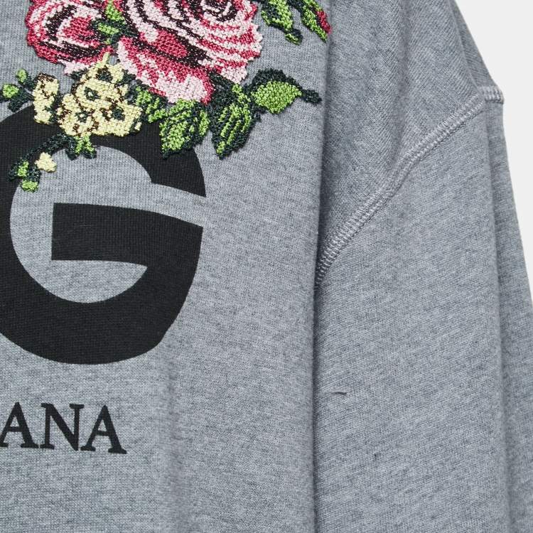 Pre Owned Dolce & Gabbana Grey Logo Print Cotton Embroidered Patch Crew Neck Sweatshirt M
