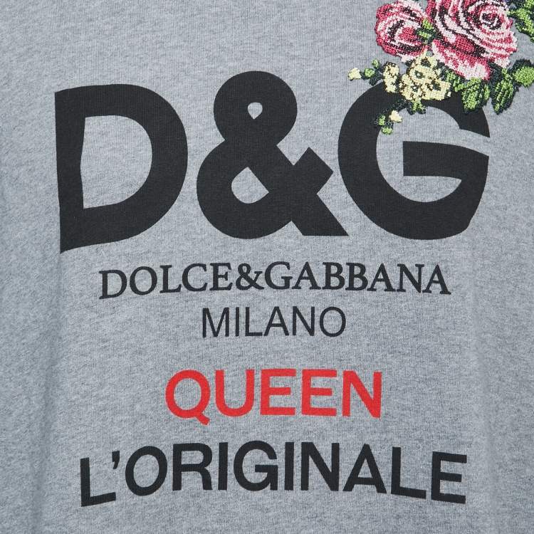 Pre Owned Dolce & Gabbana Grey Logo Print Cotton Embroidered Patch Crew Neck Sweatshirt M