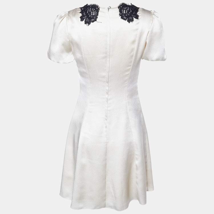 Pre Owned Dolce & Gabbana Cream Textured Satin Contrast Detail Min Dress S