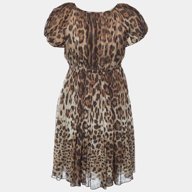 Pre Owned Dolce & Gabbana Brown Animal Printed Silk Pleated Dress S