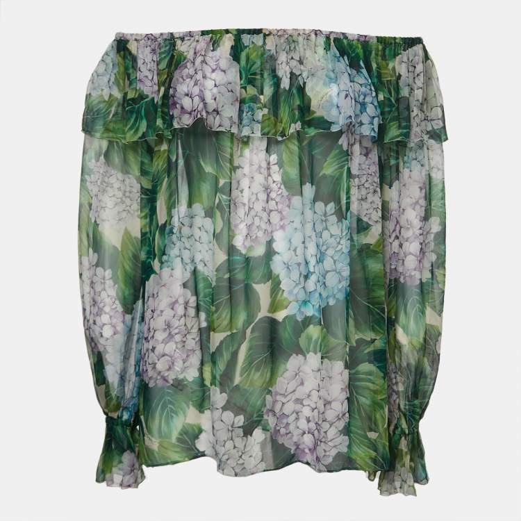 Pre Owned Dolce & Gabbana Green Floral Print Silk Chiffon Off Shoulder Blouse M