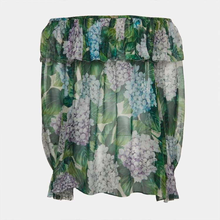 Pre Owned Dolce & Gabbana Green Floral Print Silk Chiffon Off Shoulder Blouse M