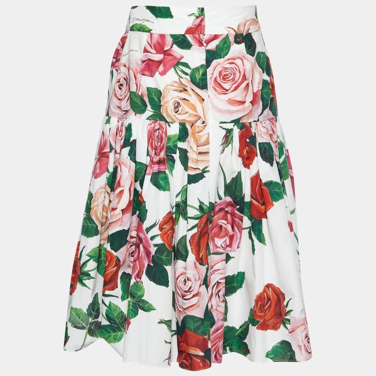 Pre Owned Dolce & Gabbana White Roses Printed Cotton Skirt S