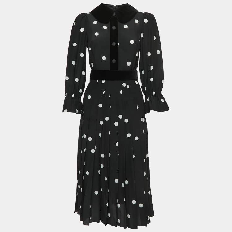 Pre Owned Dolce & Gabbana Black Polka Dotted Silk Blend Velvet Trim Pleated Midi Dress S