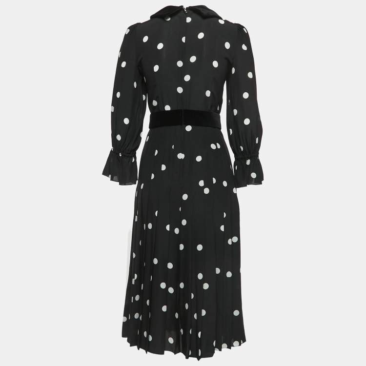 Pre Owned Dolce & Gabbana Black Polka Dotted Silk Blend Velvet Trim Pleated Midi Dress S