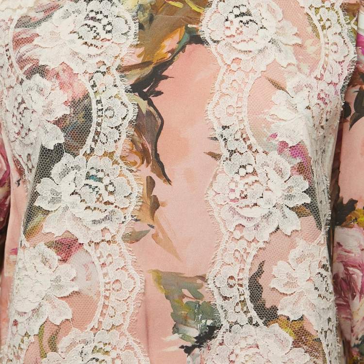 Pre Owned Dolce & Gabbana Pink Floral Print Silk Lace Trimmed Long Sleeve Blouse L