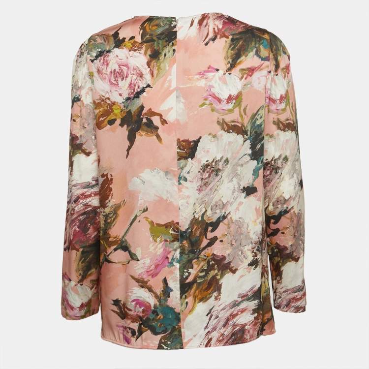 Pre Owned Dolce & Gabbana Pink Floral Print Silk Lace Trimmed Long Sleeve Blouse L