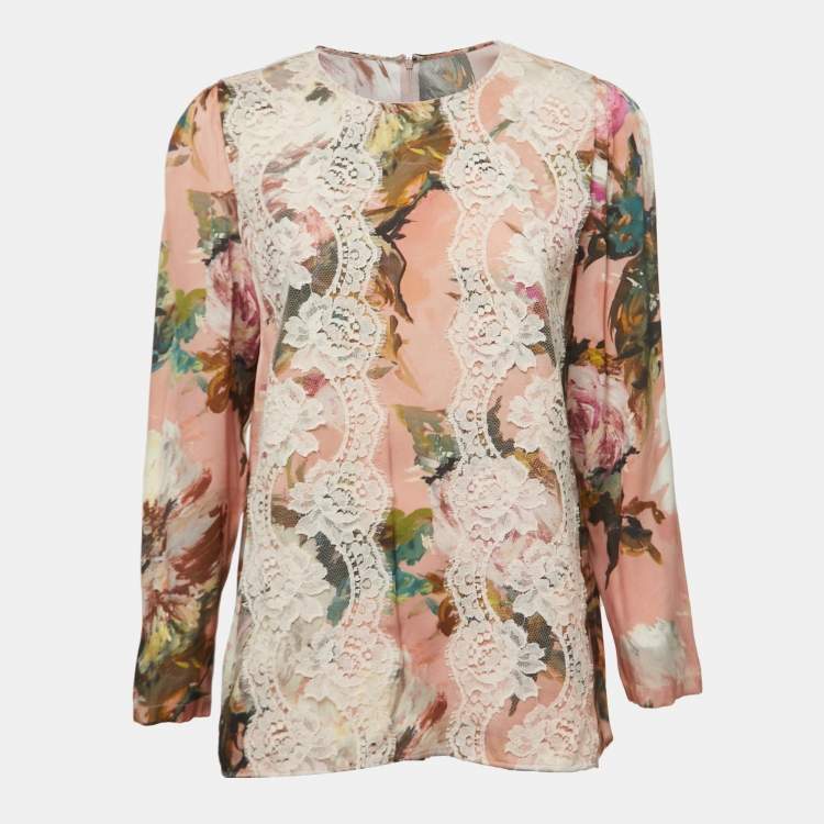 Pre Owned Dolce & Gabbana Pink Floral Print Silk Lace Trimmed Long Sleeve Blouse L