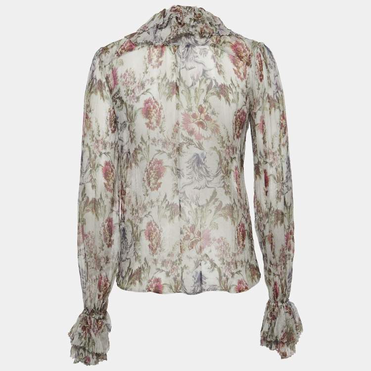 Pre Owned Dolce & Gabbana Grey/Multicolor Floral Print Sheer Silk Ruffled Blouse S