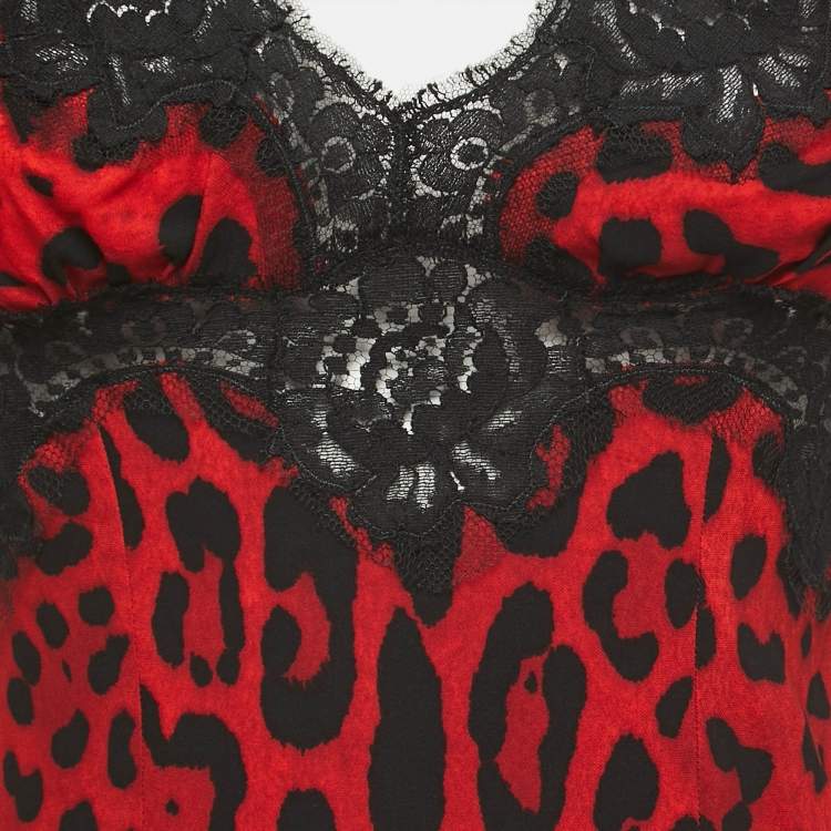 Pre Owned Dolce & Gabbana Red Leopard Print Silk Lace Trimmed Top XS
