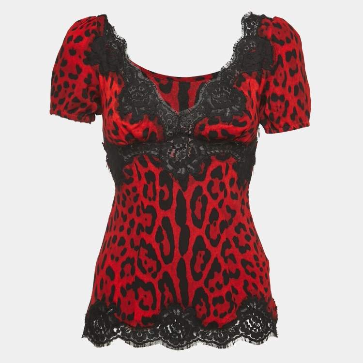 Pre Owned Dolce & Gabbana Red Leopard Print Silk Lace Trimmed Top XS