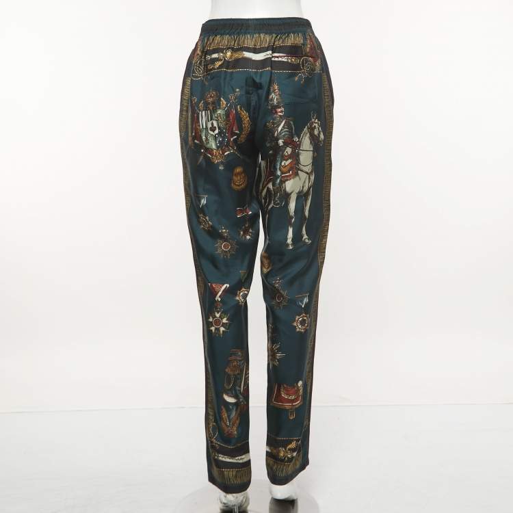 Pre Owned Dolce & Gabbana Midnight Blue Military Print Silk Trousers XL