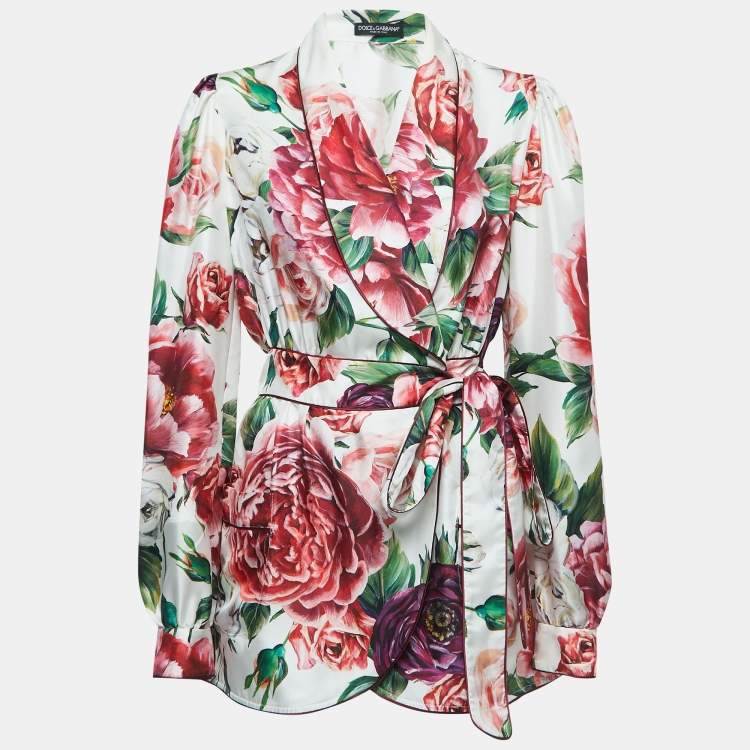مملوكة مسبقًا Dolce & Gabbana White Floral Printed Silk Wrap Top XL