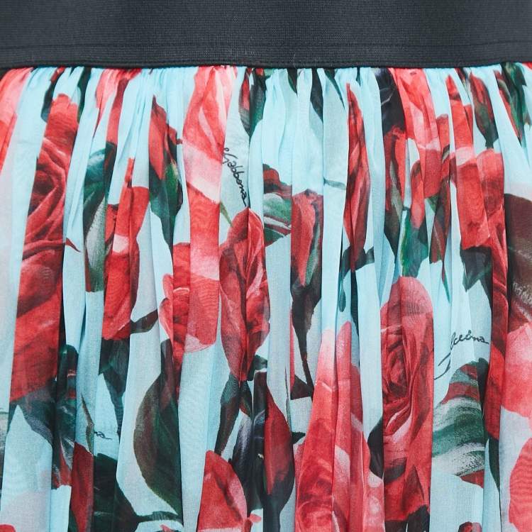 Pre Owned Dolce & Gabbana Light Blue Floral Printed Chiffon Midi Skirt XS