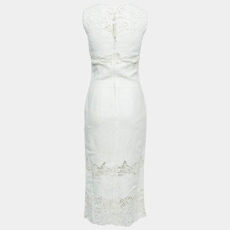 Pre Owned Dolce & Gabbana Cream Linen Blend Sheath Midi Dress XS