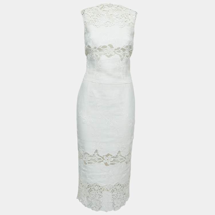 Pre Owned Dolce & Gabbana Cream Linen Blend Sheath Midi Dress XS