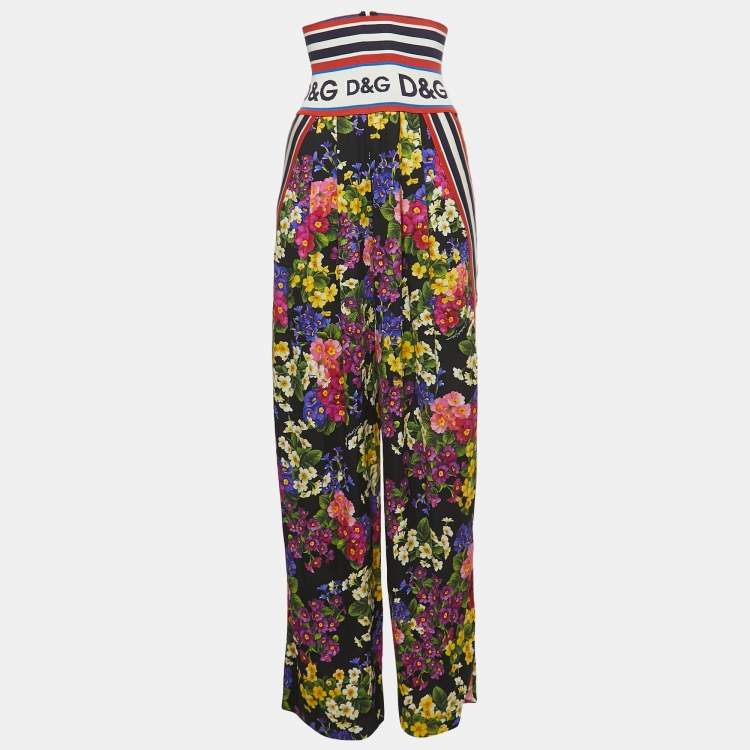 Pre Owned Dolce & Gabbana Multicolor Floral Printed Silk High Waist Detail Pants XS