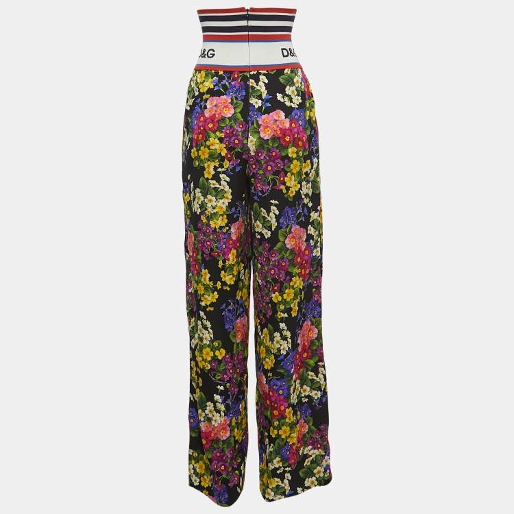 Pre Owned Dolce & Gabbana Multicolor Floral Printed Silk High Waist Detail Pants XS