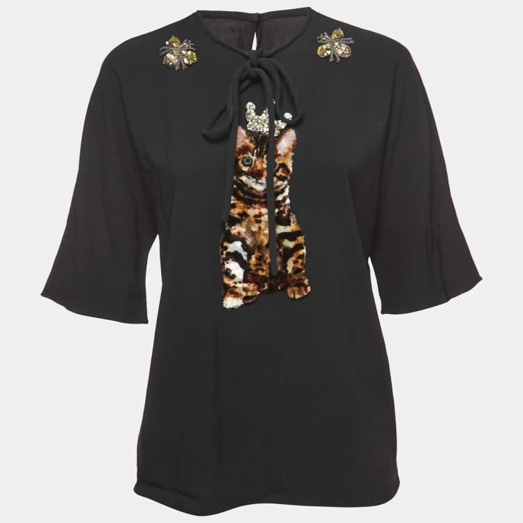 Pre Owned Dolce & Gabbana Black Crepe Embellished Cat Patch Detailed Blouse M