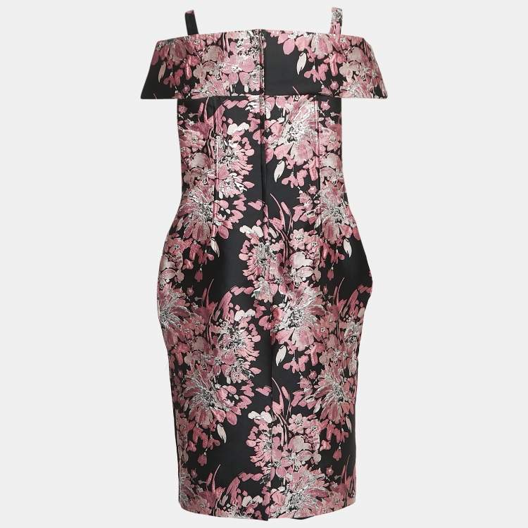 Pre Owned Dolce & Gabbana Black/Pink Lurex Jacquard Off Shoulder Corseted Midi Dress XL