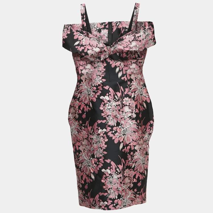 Pre Owned Dolce & Gabbana Black/Pink Lurex Jacquard Off Shoulder Corseted Midi Dress XL