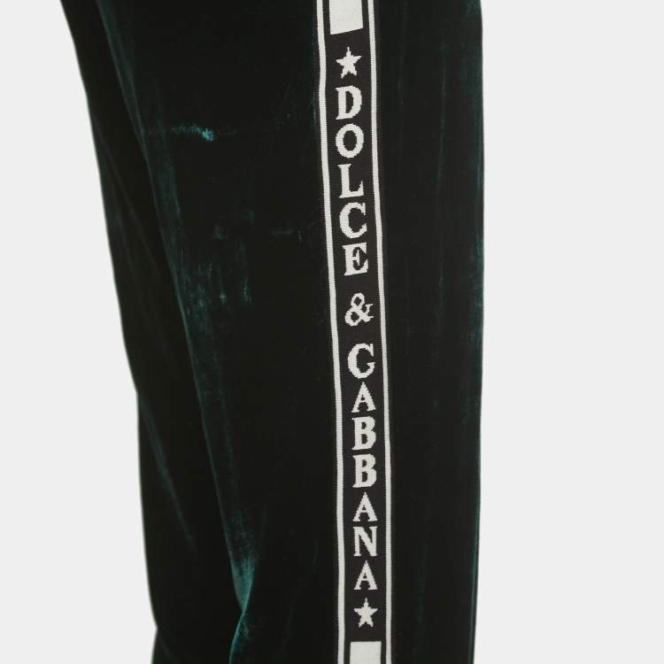 Pre Owned Dolce & Gabbana Dark Green Velvet Logo Trimmed  Joggers M