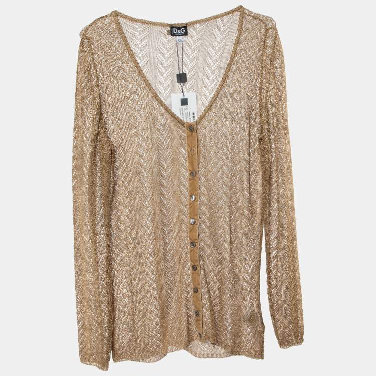 مملوكة مسبقًا Dolce & Gabbana Gold Lurex Crochet Knit Sheer Button Front Shirt XL