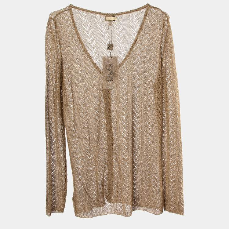 مملوكة مسبقًا Dolce & Gabbana Gold Lurex Crochet Knit Sheer Button Front Shirt XL