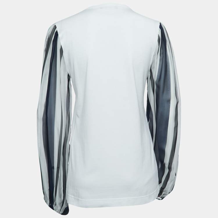 Pre Owned Dolce & Gabbana White Cotton Striped Silk Balloon Sleeve Top S