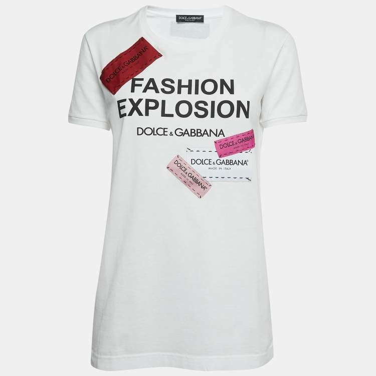 Pre Owned Dolce & Gabbana White Printed Cotton Patch Detailed Crew Neck T-Shirt S