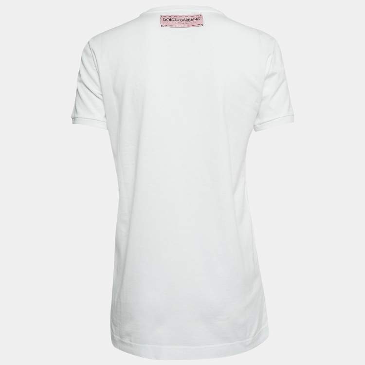 Pre Owned Dolce & Gabbana White Printed Cotton Patch Detailed Crew Neck T-Shirt S