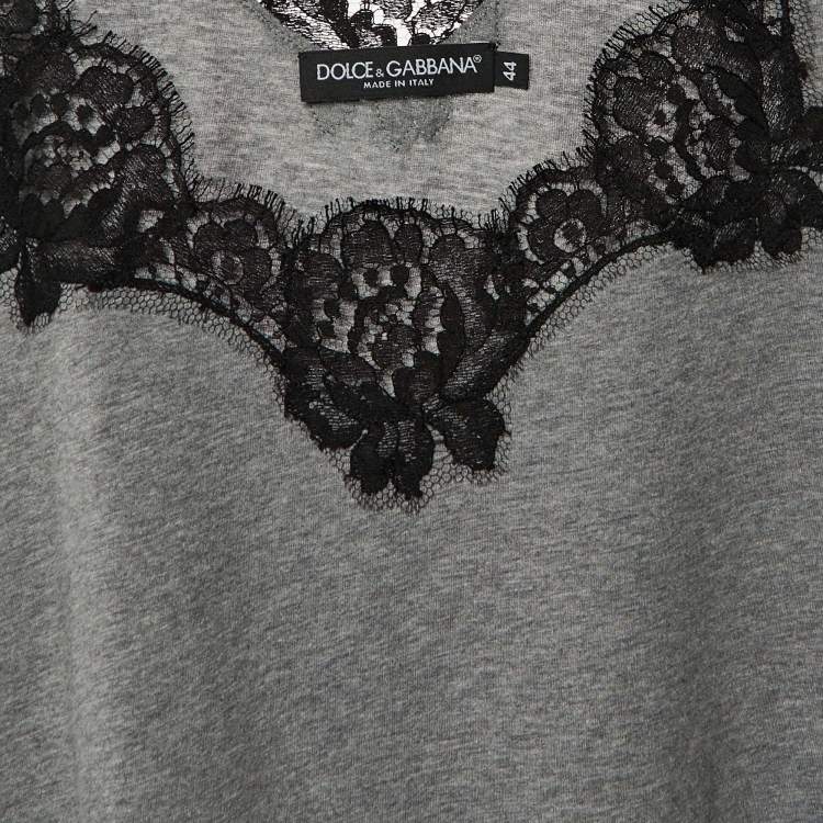 Pre Owned Dolce & Gabbana Grey Cotton Knit & Black lace Sleeveless T-Shirt M