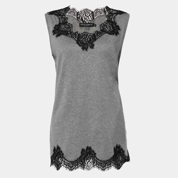 Pre Owned Dolce & Gabbana Grey Cotton Knit & Black lace Sleeveless T-Shirt M