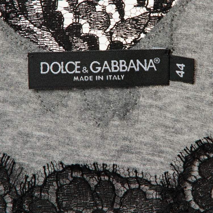 Pre Owned Dolce & Gabbana Grey Cotton Knit & Black lace Sleeveless T-Shirt M
