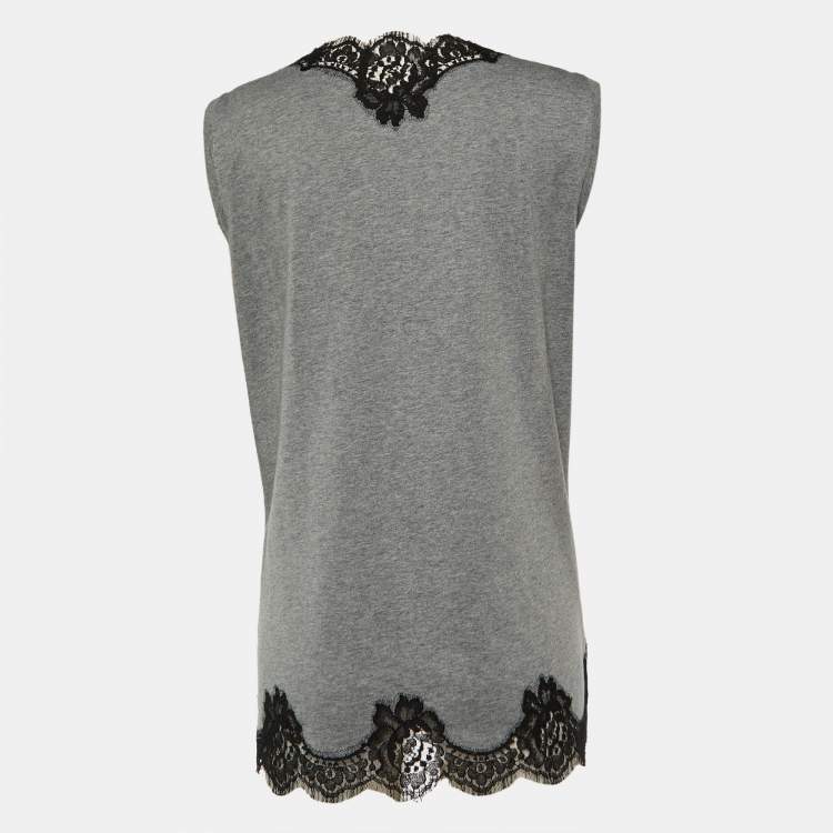 Pre Owned Dolce & Gabbana Grey Cotton Knit & Black lace Sleeveless T-Shirt M