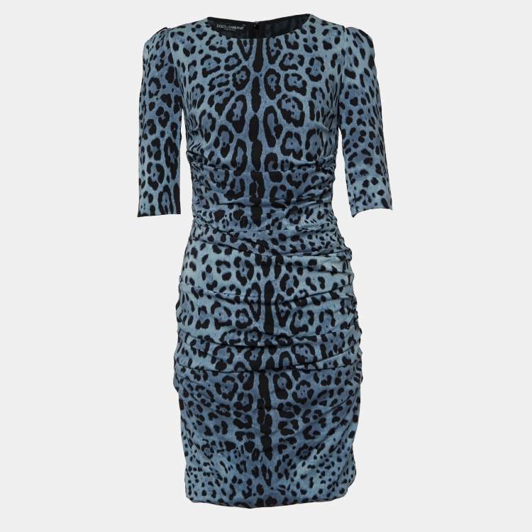 Pre Owned Dolce & Gabbana Blue Animal Printed Silk Ruched Mini Dress M