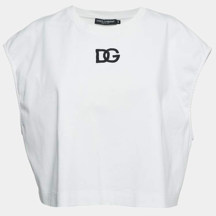 Pre Owned Dolce & Gabbana White Logo Embroidered Cotton Sleeveless Cropped T-Shirt M
