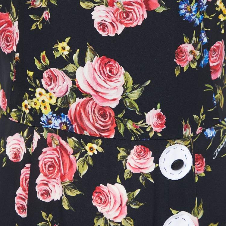 Pre Owned Dolce & Gabbana Black Floral Printed Silk Midi Dress M