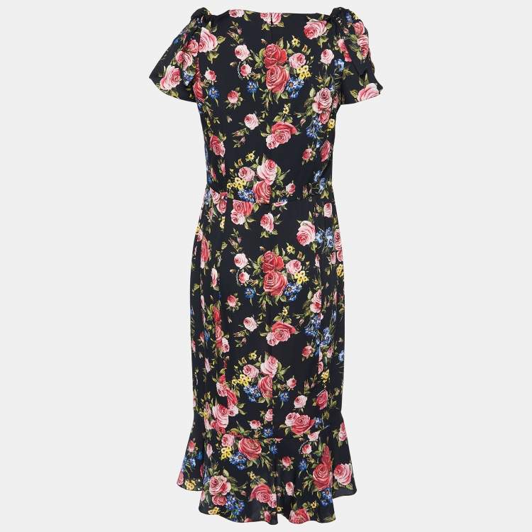 Pre Owned Dolce & Gabbana Black Floral Printed Silk Midi Dress M