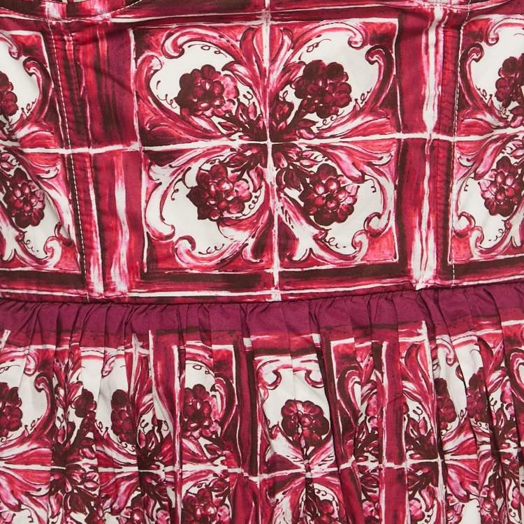 Pre Owned Dolce & Gabbana Pink Majolica Print Cotton Pleated Short Dress M