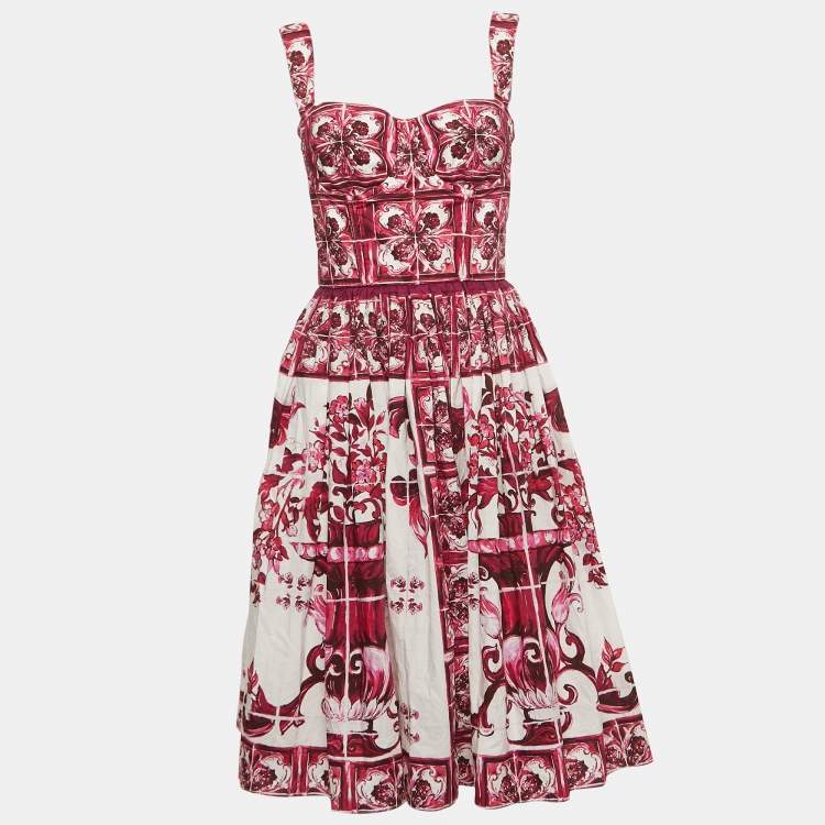 Pre Owned Dolce & Gabbana Pink Majolica Print Cotton Pleated Short Dress M