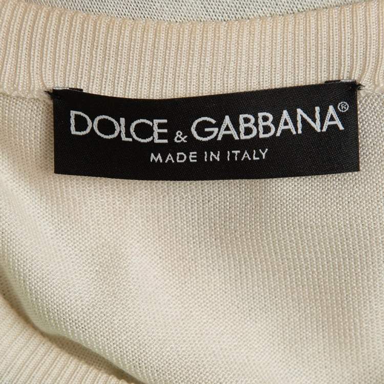 Pre Owned Dolce & Gabbana Off-White Leaves Print Silk Buttoned Cardigan M