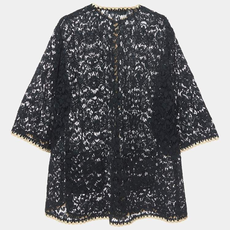 Pre Owned Dolce & Gabbana Black Floral Lace Raffia Trimmed Cape Coat L
