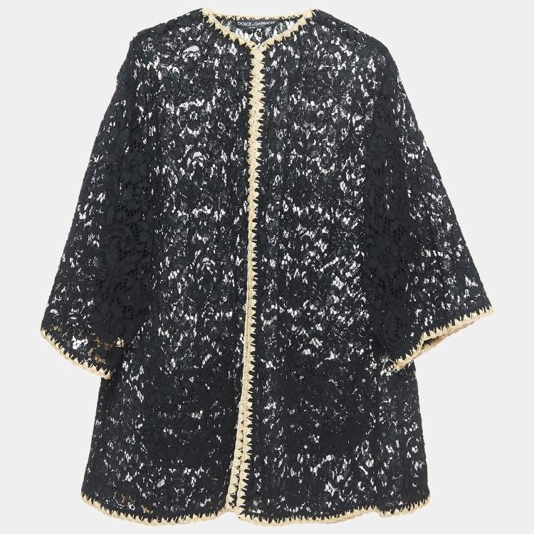 Pre Owned Dolce & Gabbana Black Floral Lace Raffia Trimmed Cape Coat L
